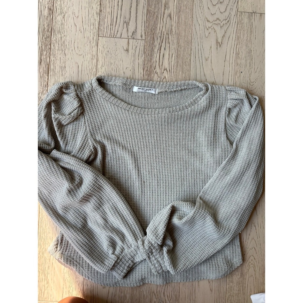 Project Social T Womens Small Beige Waffle Knit Puff Shoulder Long Sleeve Top